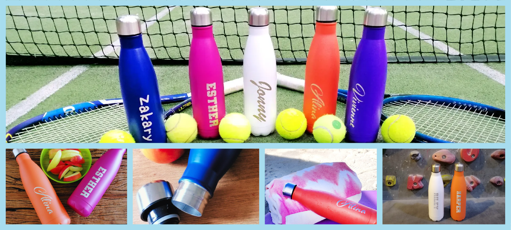 A collage of personalised Bini-Bottles, in different settings, showcasing all five colours available