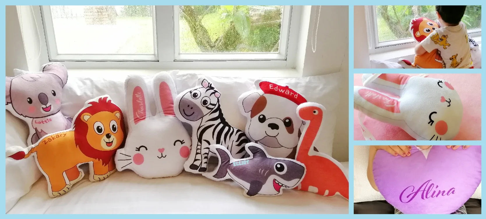 A collage of personalised Pillow-Pals in different setting, each showcasing a different character