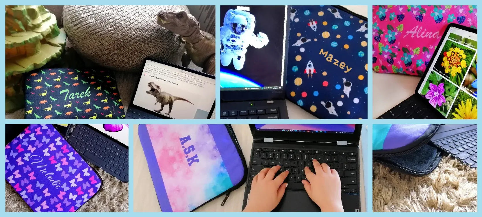 A collage of personalised Screen-Sleeves, in different settings, showcasing different prints and demonstrating how to store a laptop