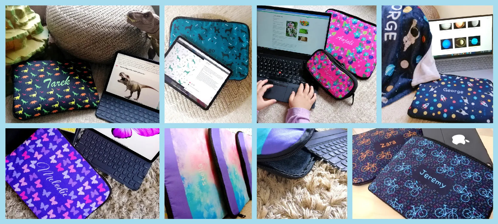 A collage of personalised Screen-Sleeves, in different settings, showcasing different prints and demonstrating how to store a laptop
